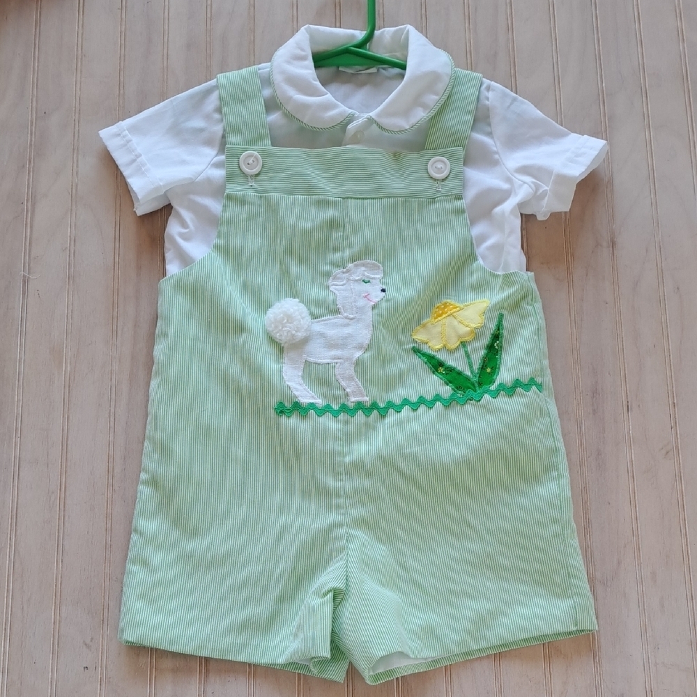 The Pond Vintage Green Pinstripes  Romper Patchwork Lamb 2 Piece Lightweight